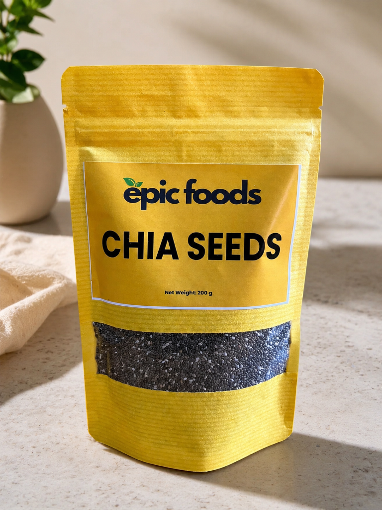 Epic Foods Chia Seeds — 200g pack, on natural linen